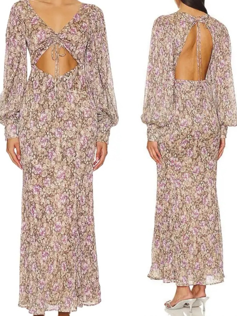 For Love & Lemons Wynne Maxi Dress Floral Metallic Long Sleeve NWT‎ S
